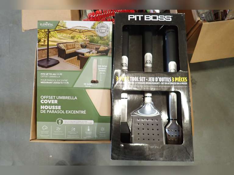 Lot of (2) Pit Boss 3-pc BBQ Tool Sets and (2) Elemental Offset 11' Umbrella Covers.