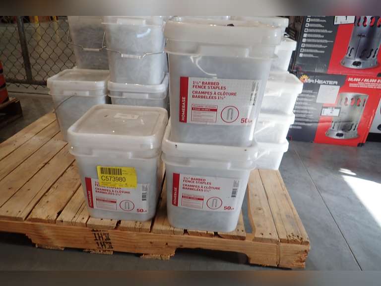 Lot of (3) Homebase 50lbs Pails 1 1/2" Barbed Fence Staples.