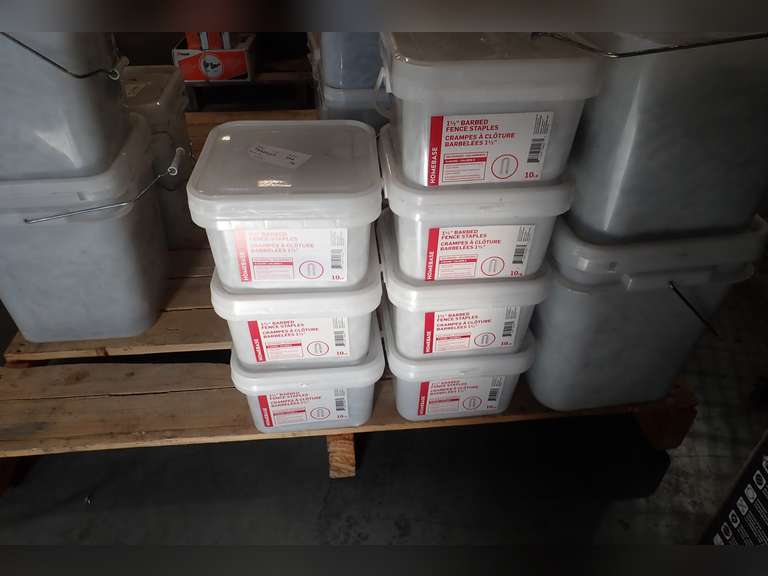 Lot of (10) 10lbs Pails Asst. Homesense Barbed Fence Staples.