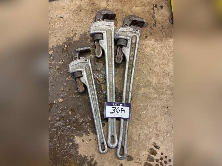 Lot of (2) Ridgid 24” Aluminum Pipe Wrenches and (1) Ridgid 18” Aluminum Pipe Wrench
