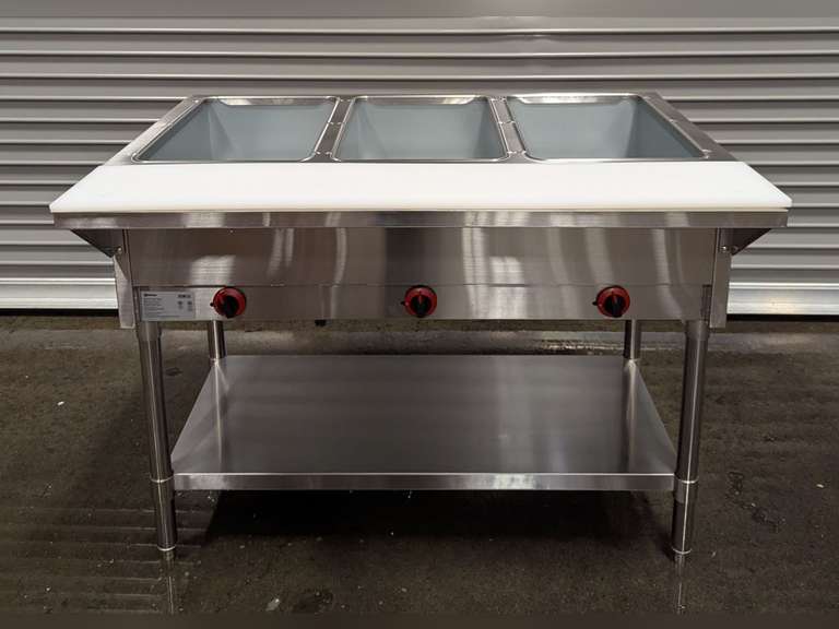 NEW OMCAN 47363 3-WELL PROPANE STEAM TABLE WITH CUTTING BOARD & UNDERSHELF
