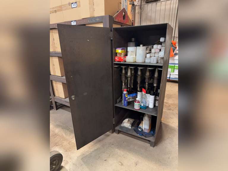 24” X 26” X 61 Steel Cabinet of Asst. CNC Tooling, Nozzle Shield, Bits, etc.