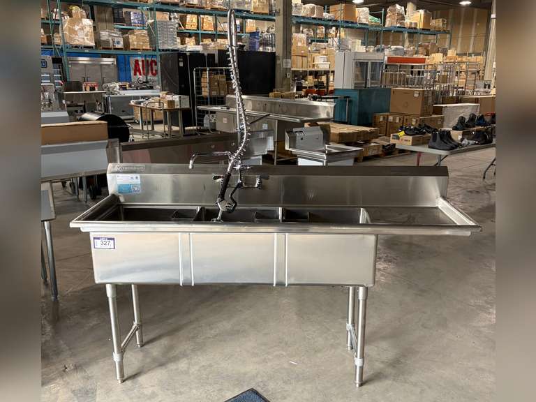 THORINOX 18" X 18" X 11" THREE COMPARTMENT SINK WITH RIGHT DRAIN BOARD & PRE-RINSE