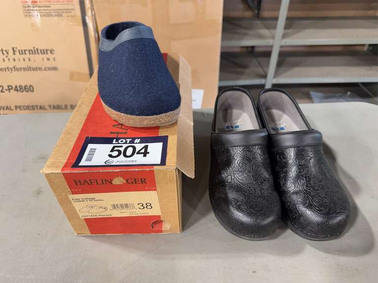 Lot of (1) Pair of Haflinger Slippers Size 38 and (1) Pair of Dansko LT Size 37 Slip-On Shoes