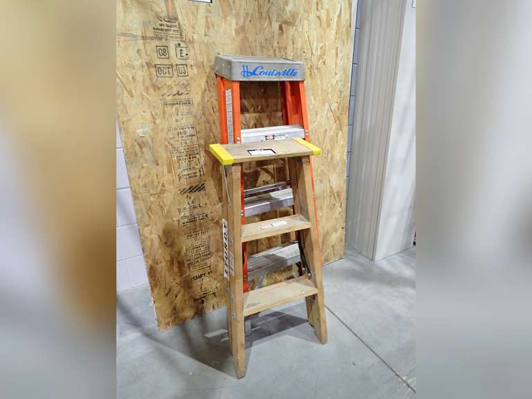 Lot of Louisville 4' Fiberglass/Aluminum Step Ladder and Sturdy 3' Wooden Step Ladder.
