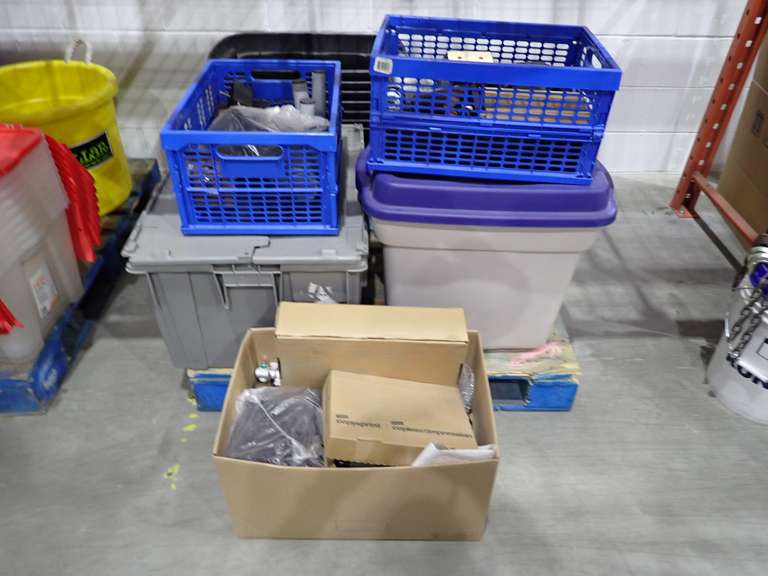 Lot of Approx. (13) Asst. Plastic Storage Totes and Furniture Legs.