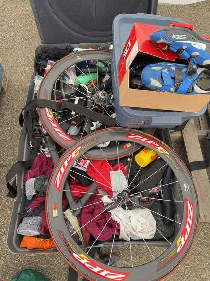 Assorted Sports Gear, Bike/Running Shoes, and Disassembled Bicycle