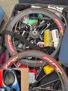 Assorted Sports Gear, Bike/Running Shoes, and Disassembled Bicycle