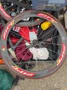 Assorted Sports Gear, Bike/Running Shoes, and Disassembled Bicycle