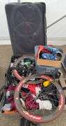 Assorted Sports Gear, Bike/Running Shoes, and Disassembled Bicycle