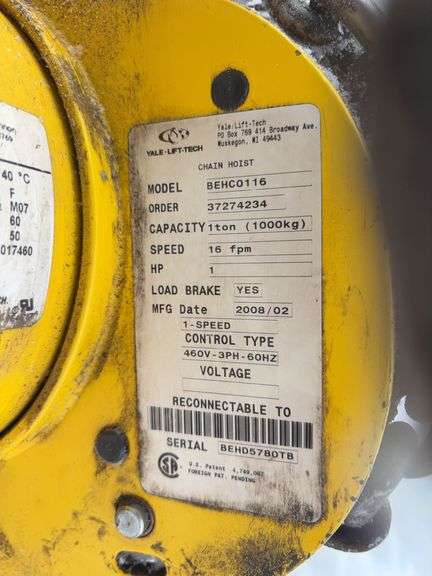 Yale LiftTech Electric Chain Hoist – 1 Ton Capacity, Model ECH016, 460V, 3-Phase
