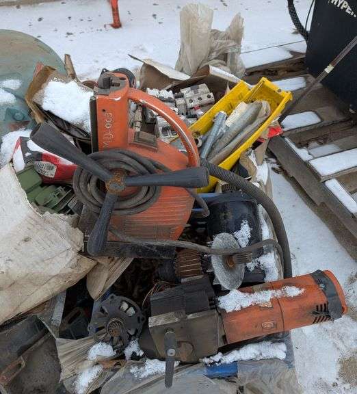 Pallet of Miscellaneous Electric Motors, Magnetic Drill, Breakers & Hardware