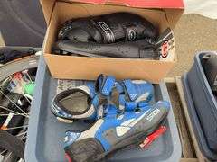 Assorted Sports Gear, Bike/Running Shoes, and Disassembled Bicycle