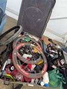 Assorted Sports Gear, Bike/Running Shoes, and Disassembled Bicycle