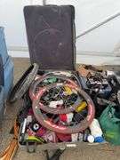 Assorted Sports Gear, Bike/Running Shoes, and Disassembled Bicycle