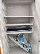 Plastic Storage Unit w/ Iron & Board and Wooden Shelves (2x)