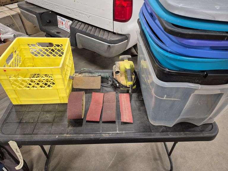 Corded Tools, Yellow Milk Crate & Misc Plastic Bins