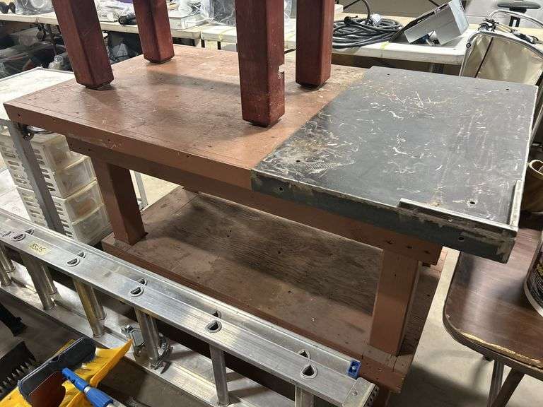 1 Large Work Bench with Removable Metal Plate for Welding (55"W x 31"D x 36"H), 1 Smaller Work Bench