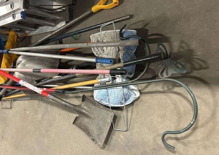 Lot of Assortment of Shovels, Brooms, Rakes, Etc.