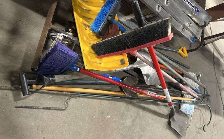 Lot of Assortment of Shovels, Brooms, Rakes, Etc.