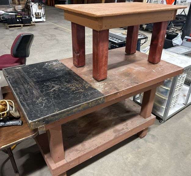 1 Large Work Bench with Removable Metal Plate for Welding (55"W x 31"D x 36"H), 1 Smaller Work Bench