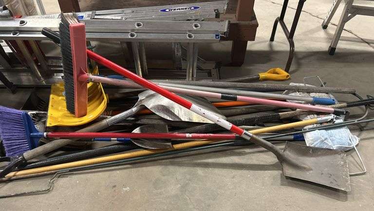 Lot of Assortment of Shovels, Brooms, Rakes, Etc.