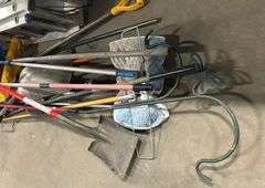 Lot of Assortment of Shovels, Brooms, Rakes, Etc.