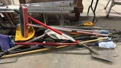Lot of Assortment of Shovels, Brooms, Rakes, Etc.