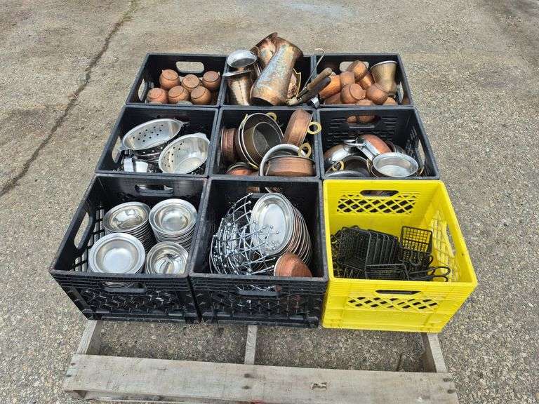 Pallet with 9 Milk Crates with an Assortment of Serving Dishes, Cups, Wire Baskets, etc.