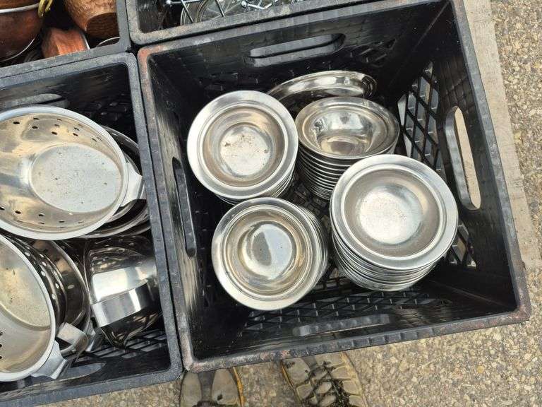 Pallet with 9 Milk Crates with an Assortment of Serving Dishes, Cups, Wire Baskets, etc.