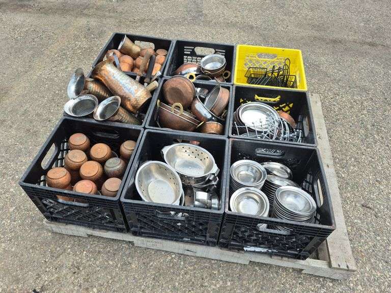 Pallet with 9 Milk Crates with an Assortment of Serving Dishes, Cups, Wire Baskets, etc.