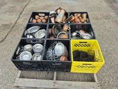 Pallet with 9 Milk Crates with an Assortment of Serving Dishes, Cups, Wire Baskets, etc.