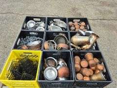 Pallet with 9 Milk Crates with an Assortment of Serving Dishes, Cups, Wire Baskets, etc.