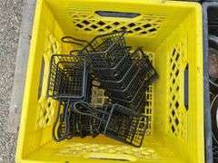 Pallet with 9 Milk Crates with an Assortment of Serving Dishes, Cups, Wire Baskets, etc.