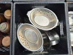 Pallet with 9 Milk Crates with an Assortment of Serving Dishes, Cups, Wire Baskets, etc.