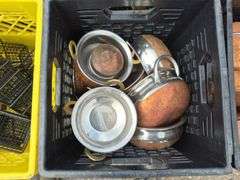 Pallet with 9 Milk Crates with an Assortment of Serving Dishes, Cups, Wire Baskets, etc.