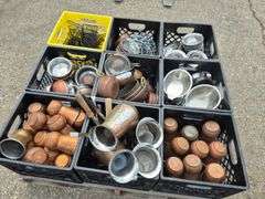 Pallet with 9 Milk Crates with an Assortment of Serving Dishes, Cups, Wire Baskets, etc.