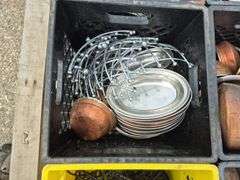 Pallet with 9 Milk Crates with an Assortment of Serving Dishes, Cups, Wire Baskets, etc.