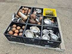 Pallet with 9 Milk Crates with an Assortment of Serving Dishes, Cups, Wire Baskets, etc.