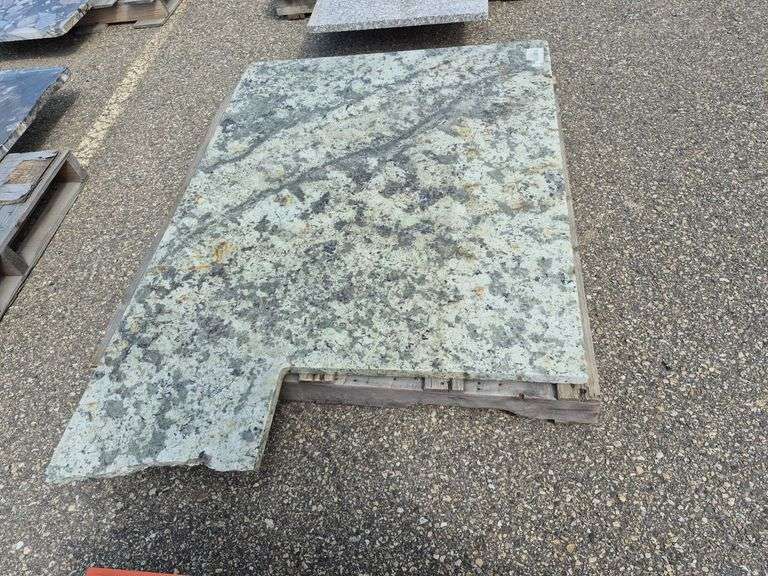 Slab of Granite Irregular Shape (Green/Beige/White/Grey Veining Pattern)