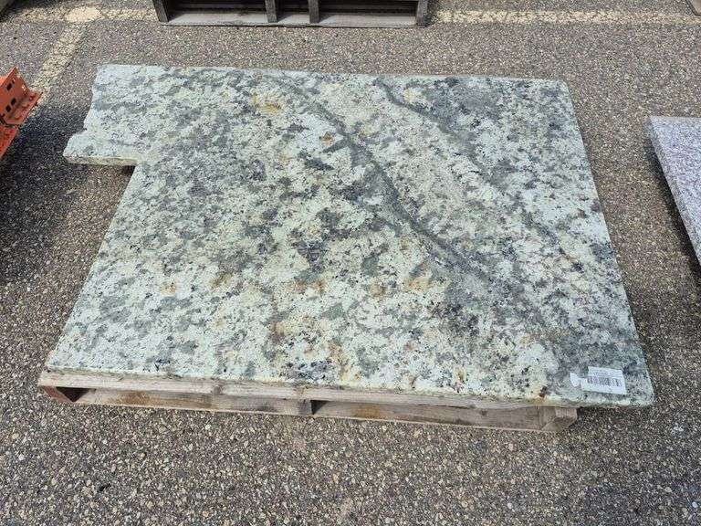 Slab of Granite Irregular Shape (Green/Beige/White/Grey Veining Pattern)