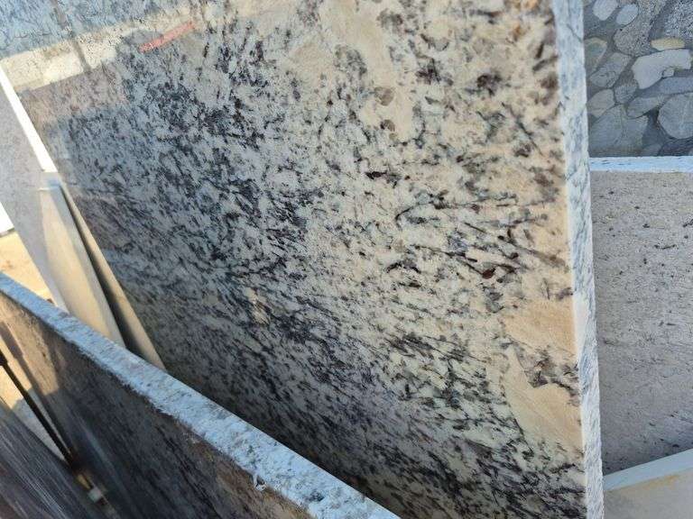 Slab of Granite L-Shaped (White with Black/Grey/Beige Veining/Marbling Pattern)