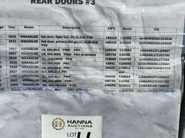 Assorted Vehicle Rear Doors