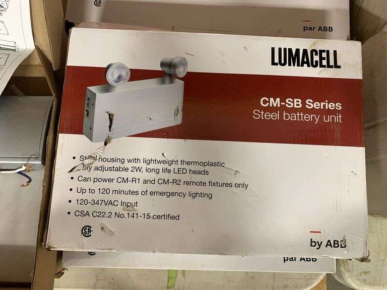 Lumacell Emergency Lights (x3) and Aluminum Edge-Lit Pictogram Sign (x2) (Unused)