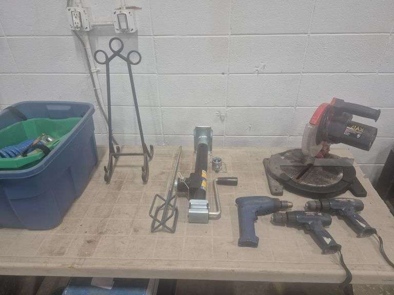 Mitre Saw, 3 Cordless Drills (no batteries), Mixer for Drill, Crank Jack & Misc.