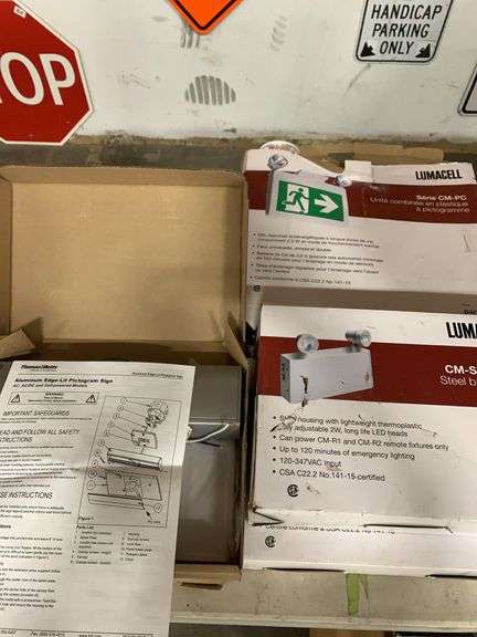 Lumacell Emergency Lights (x3) and Aluminum Edge-Lit Pictogram Sign (x2) (Unused)