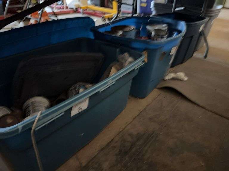 (3) Storage Bins, Opened Paints, Stool & Misc.