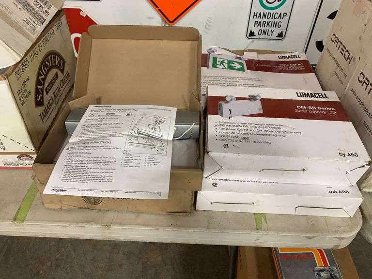 Lumacell Emergency Lights (x3) and Aluminum Edge-Lit Pictogram Sign (x2) (Unused)