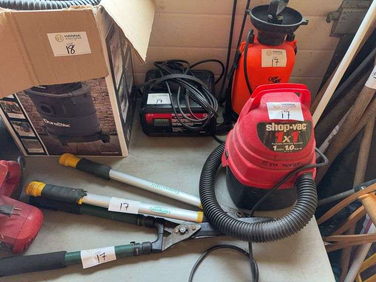 Battery Charger, Shop Vac., Cutting Tools and Sprayer