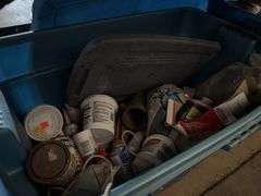 (3) Storage Bins, Opened Paints, Stool & Misc.